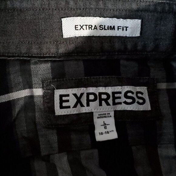 Mens Express  Extra Slim Fit Plaid Button Down Shirt L 16-16 1/2 Black Gray - Picture 4 of 5